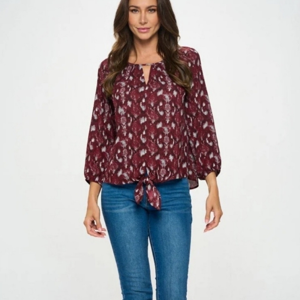 West Kei Stitch Fix Tie Front Blouse Top Burgundy Red Snakeskin Women's Small